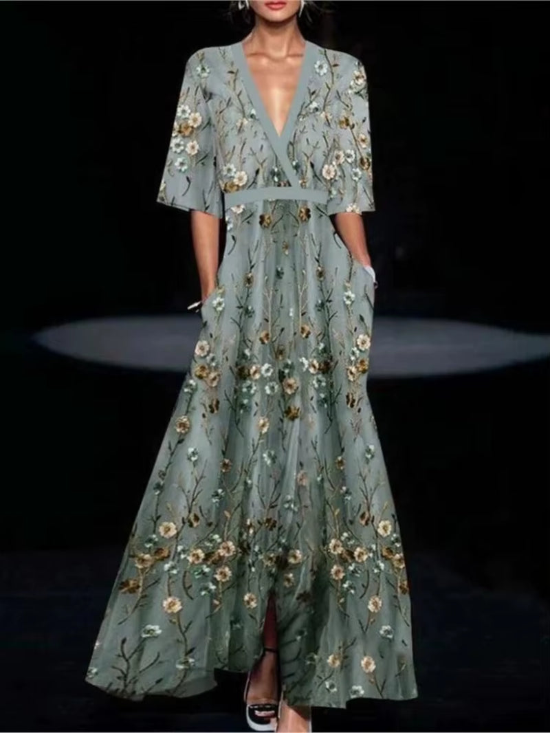 Deep V-Neck Belted Print Dress