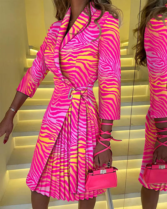 Autumn V-Neck Cinched Waist Printed Dress