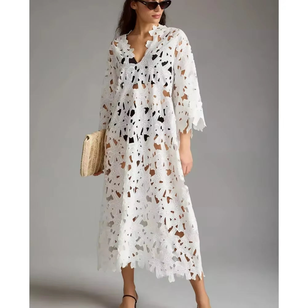Sexy Lace Hollow Out V-Neck Beach Dress