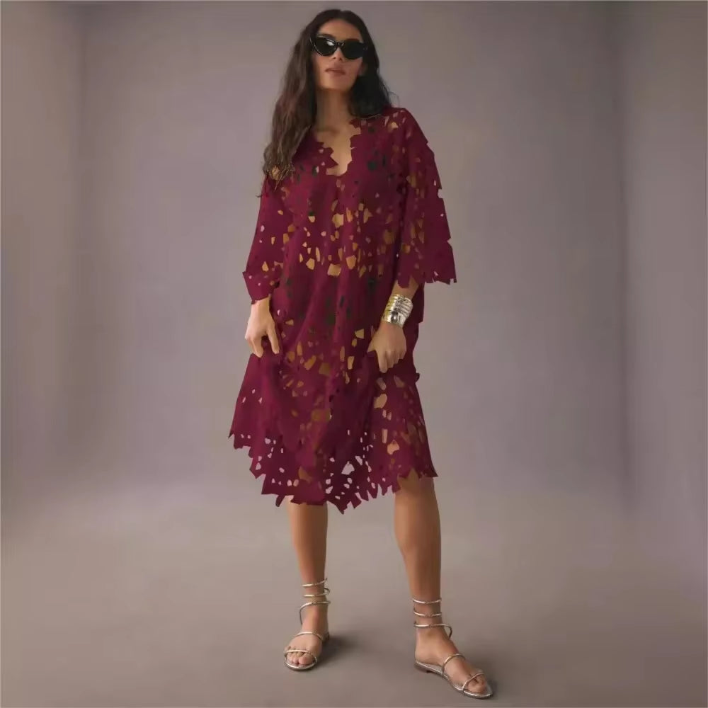 Sexy Lace Hollow Out V-Neck Beach Dress